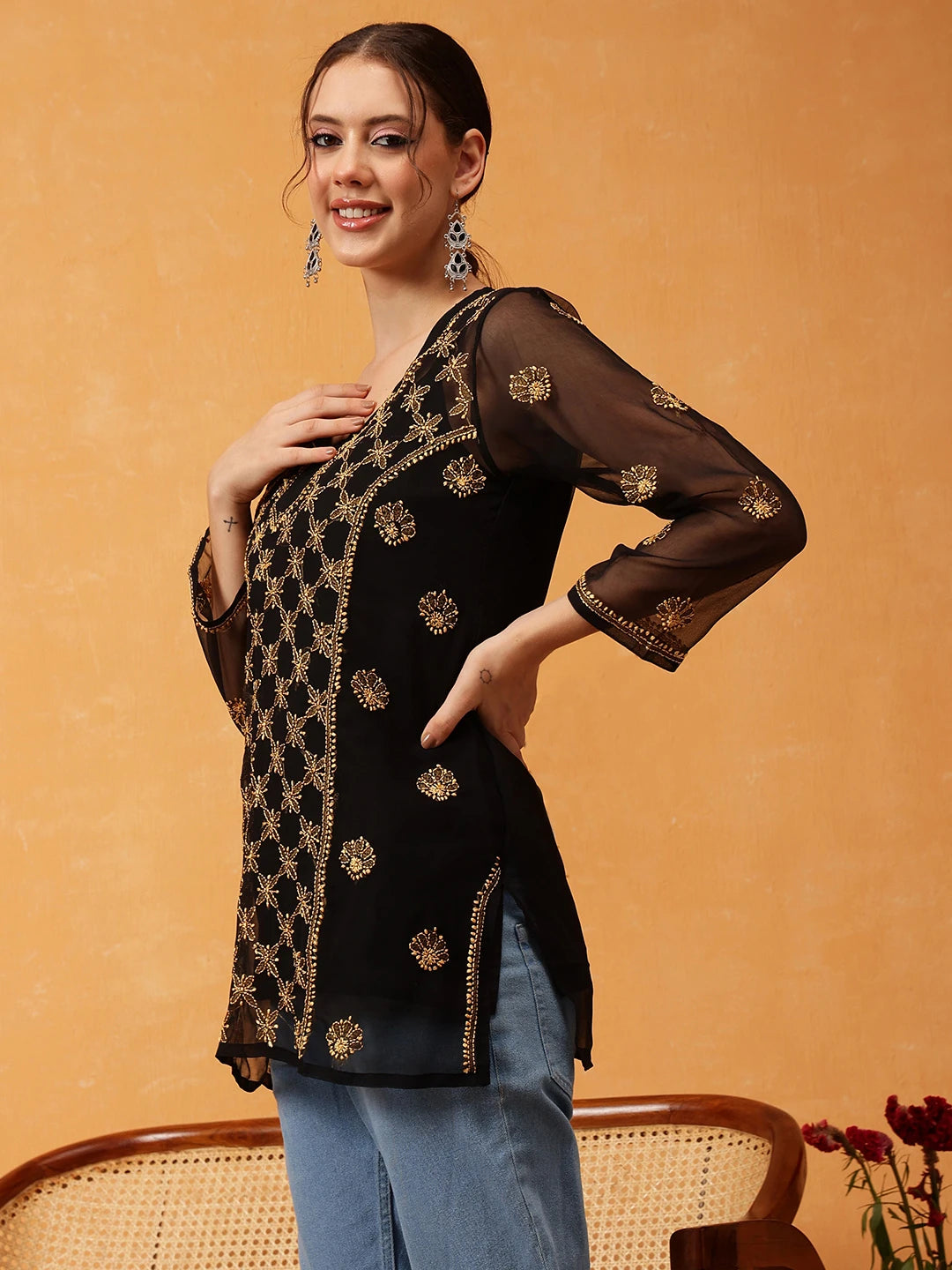 Elegant Black Kurti with Golden Resham Embroidery