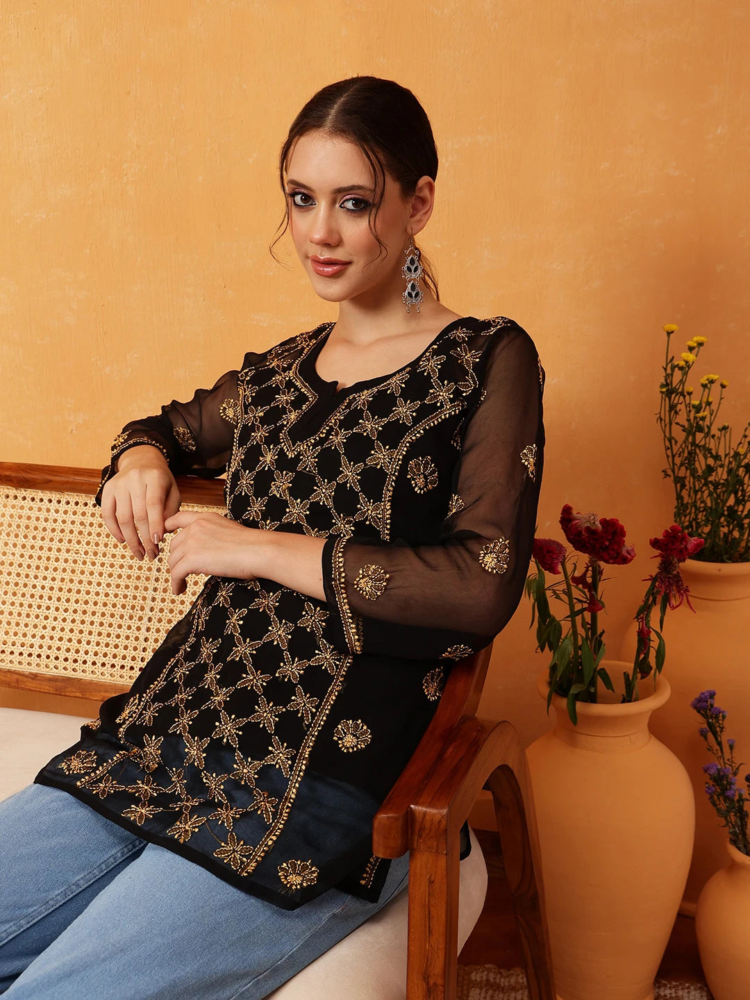 Elegant Black Kurti with Golden Resham Embroidery