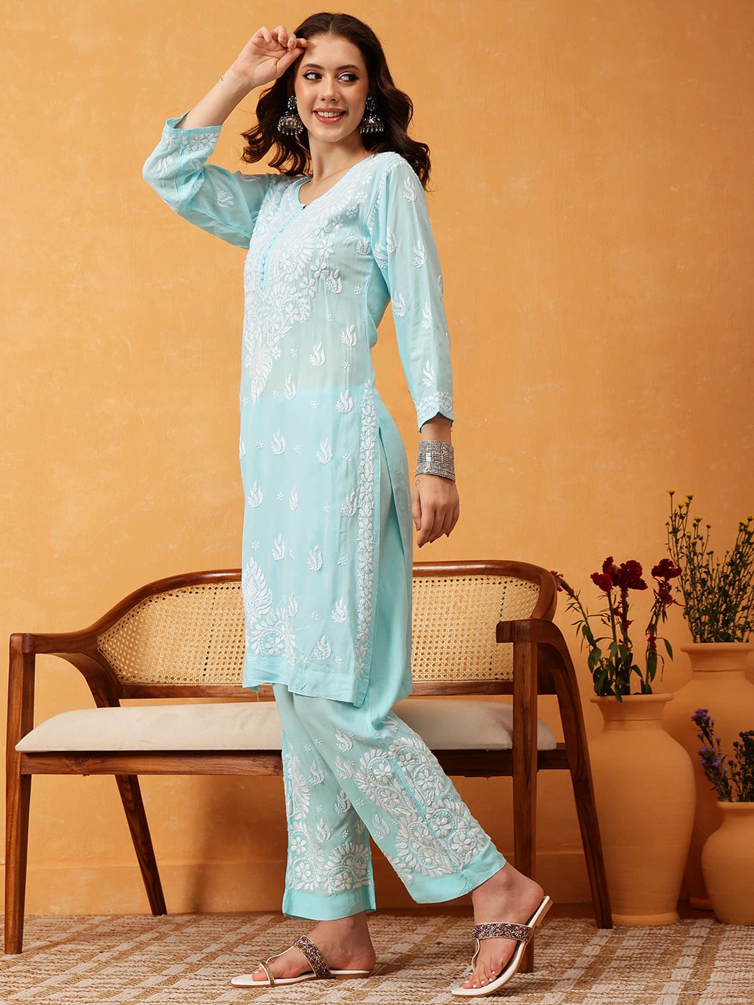 Graceful Hand-Embroidered Modal Chikankari Kurta Set