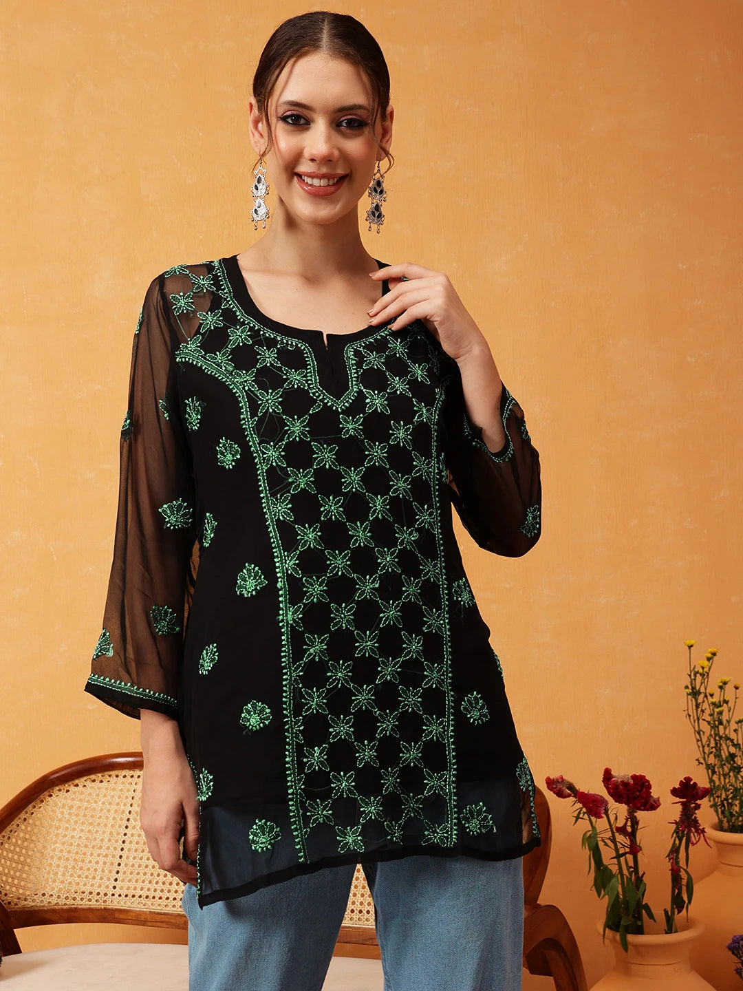 Elegant Black Kurti with Golden Resham Embroidery