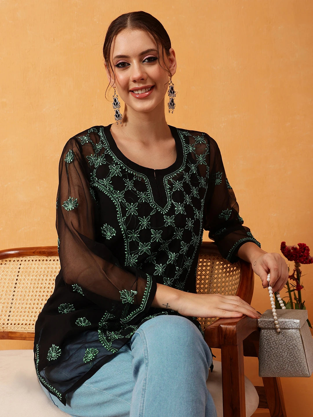 Elegant Black Kurti with Golden Resham Embroidery