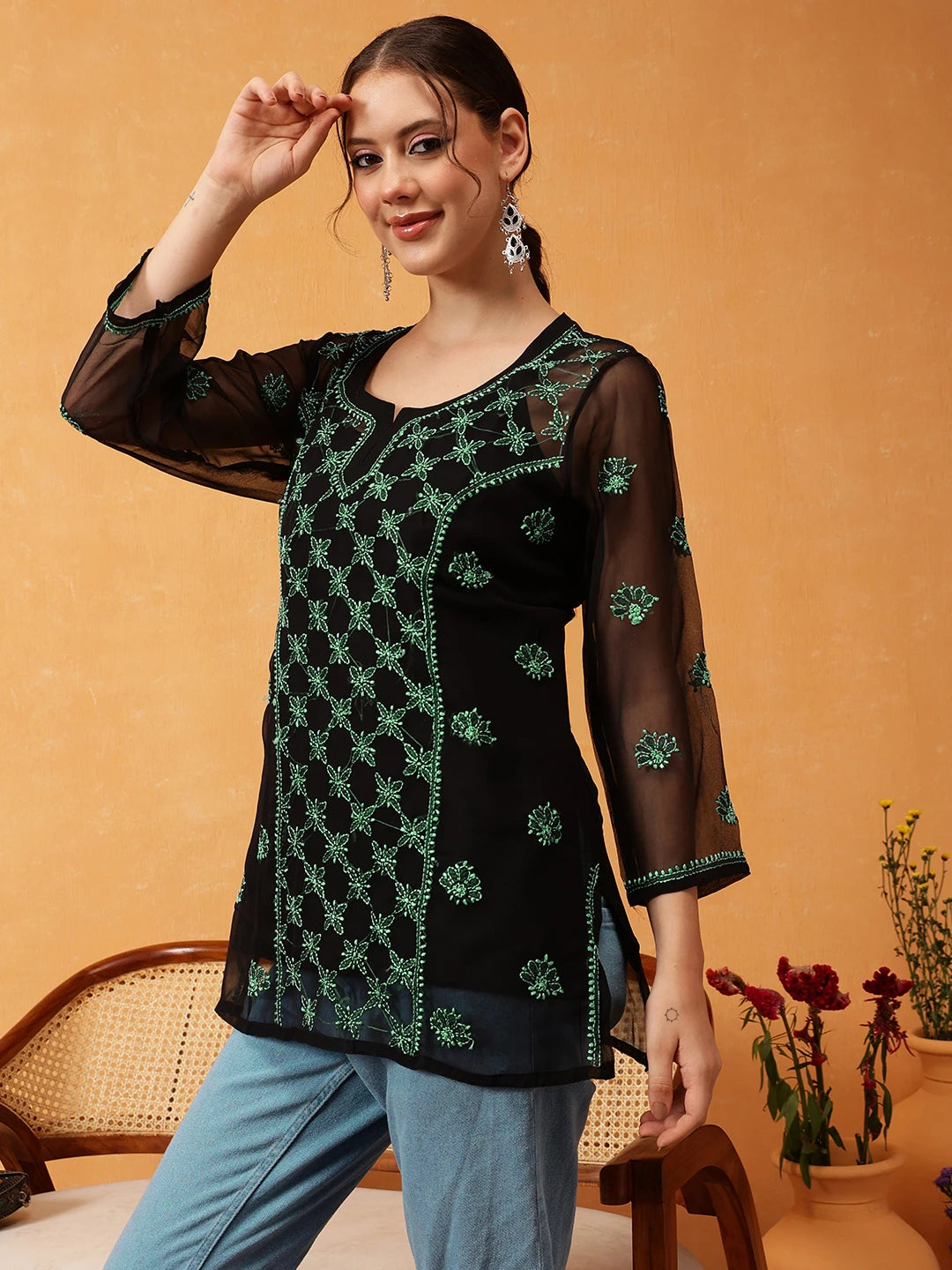 Elegant Black Kurti with Golden Resham Embroidery