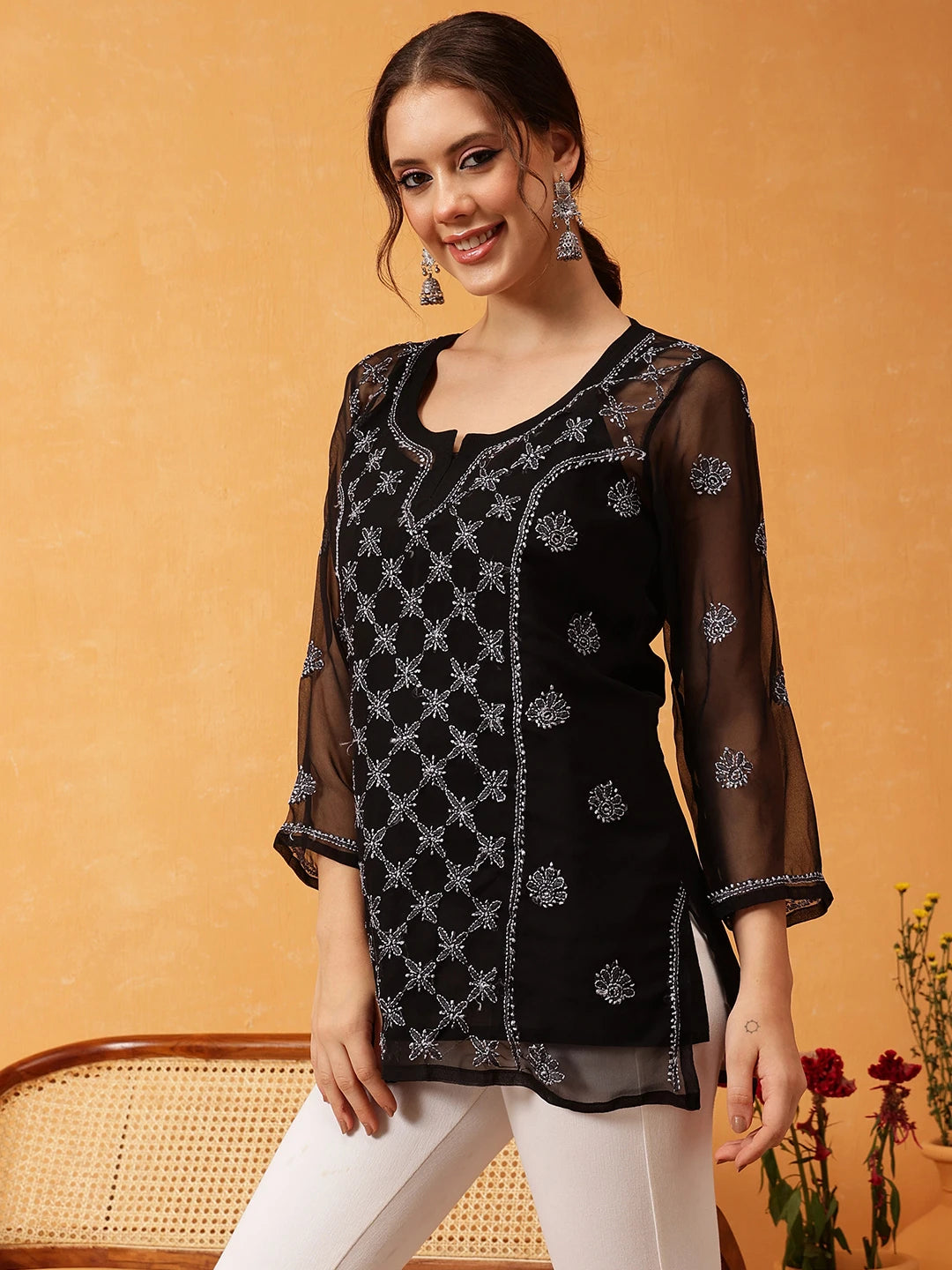 Elegant Black Kurti with Golden Resham Embroidery