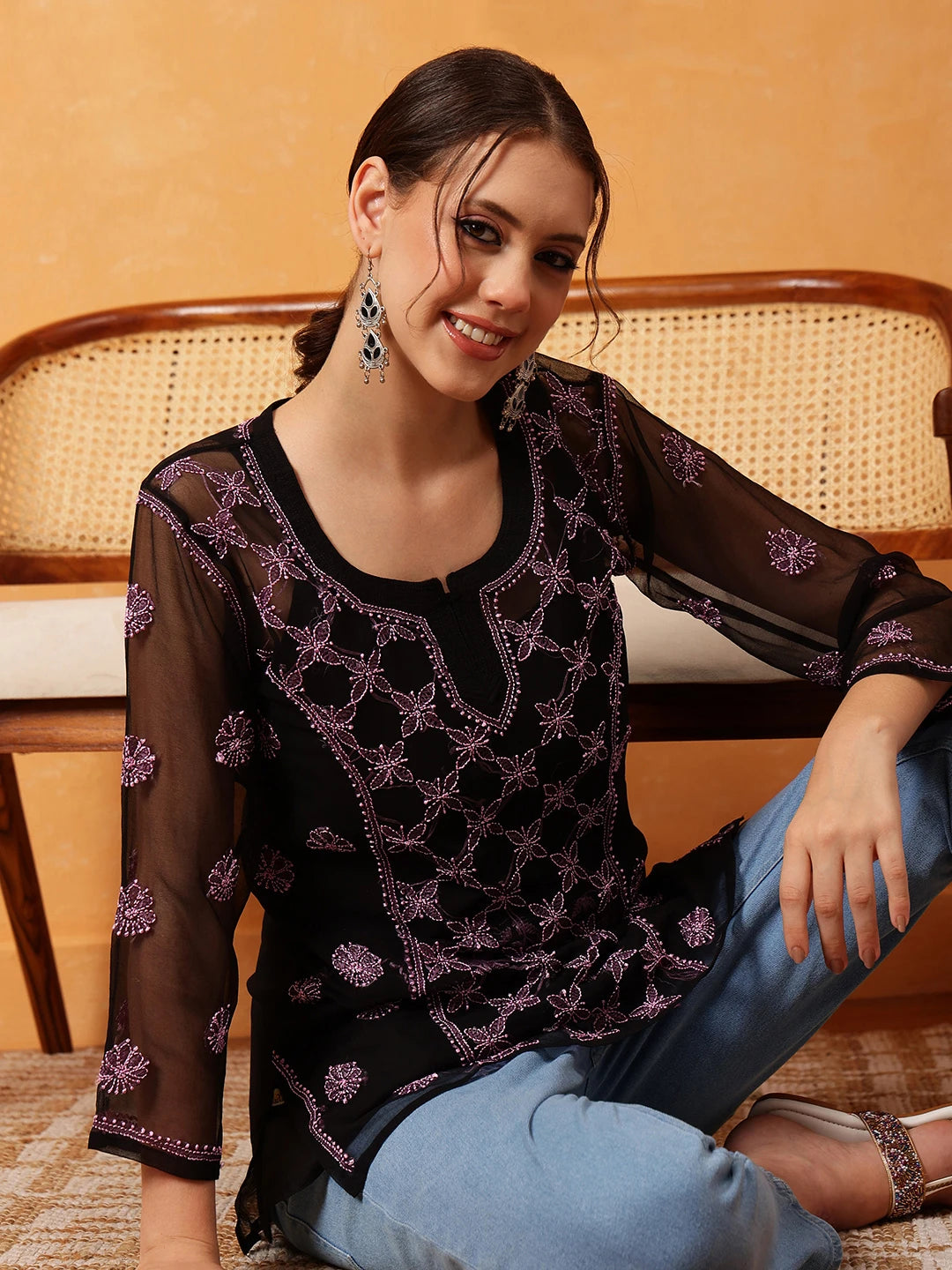 Elegant Black Kurti with Golden Resham Embroidery