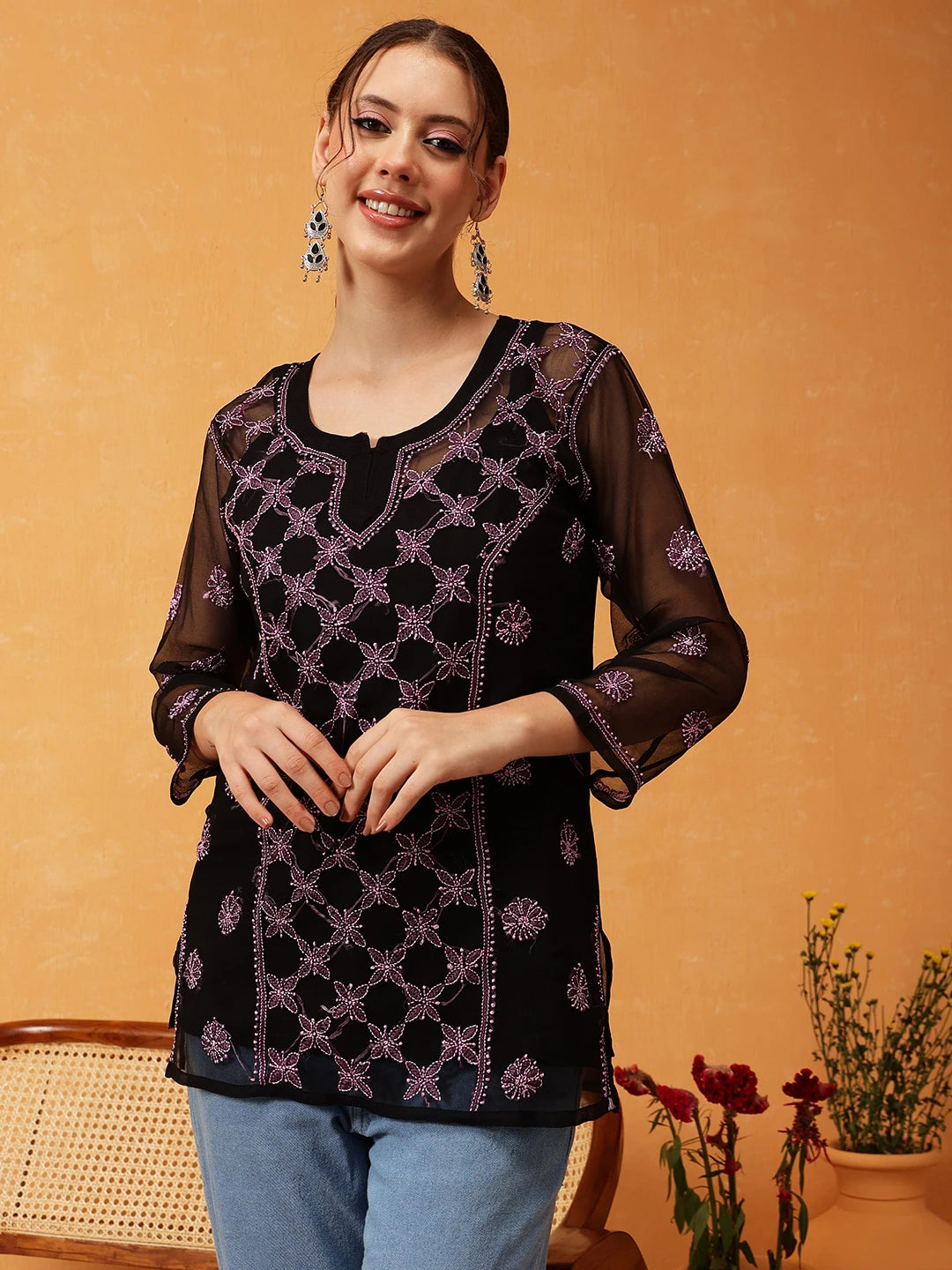 Elegant Black Kurti with Golden Resham Embroidery