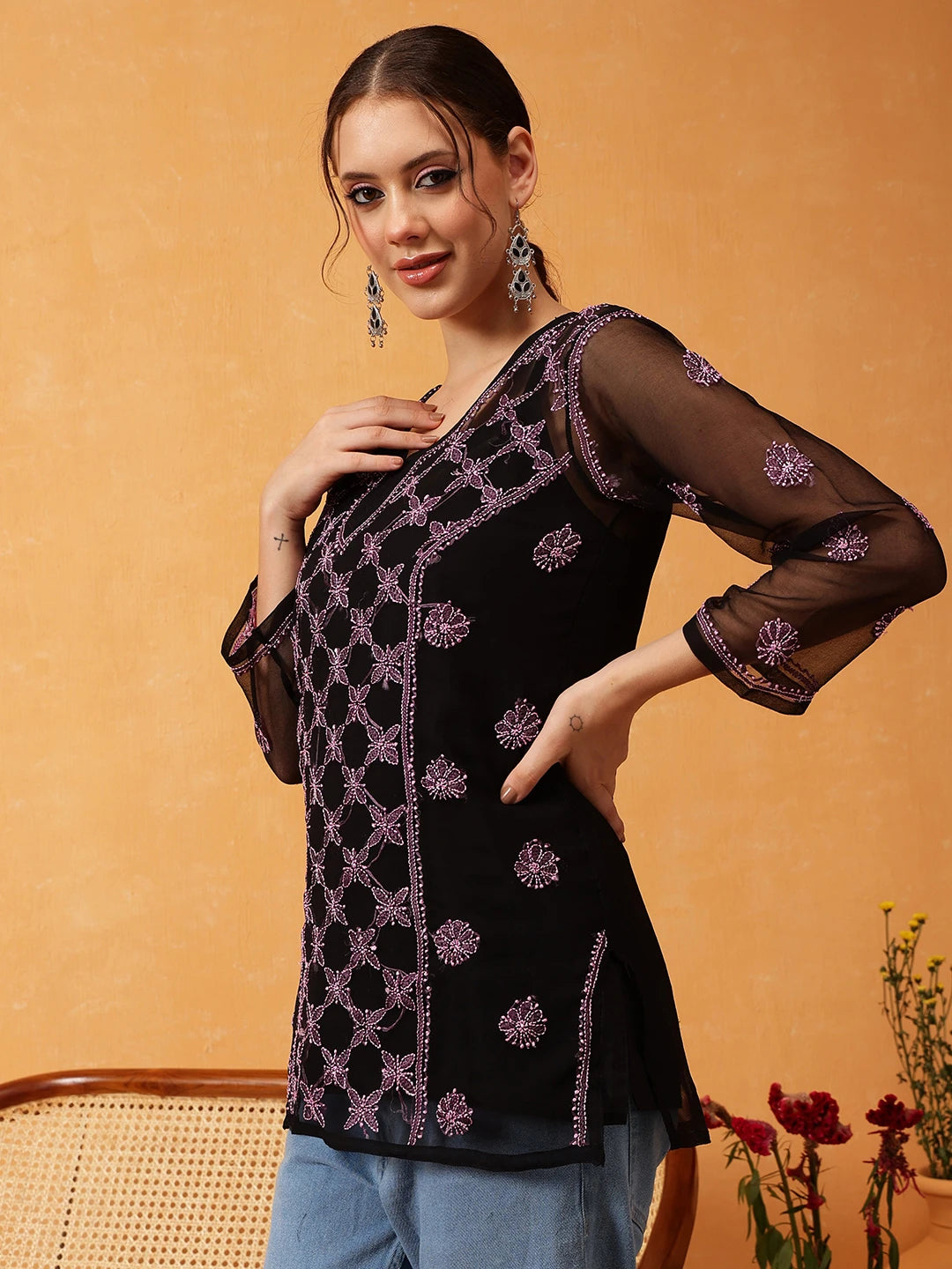 Elegant Black Kurti with Golden Resham Embroidery