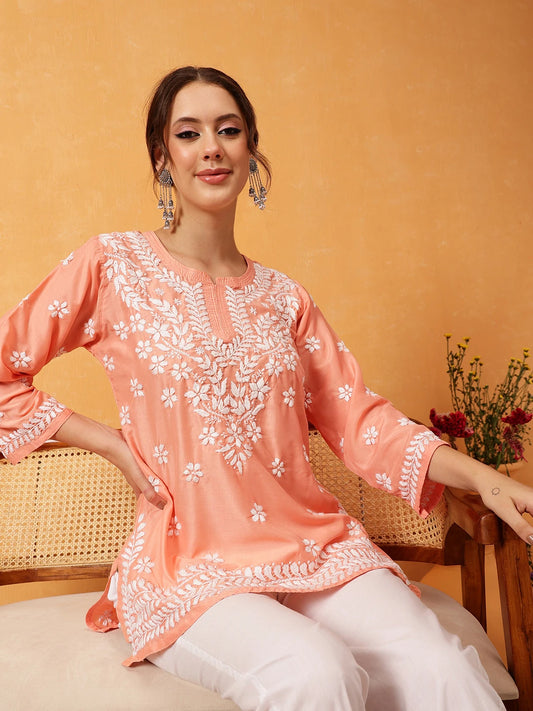 LabelChikankari’s Elegant Peach Chikankari Kurti