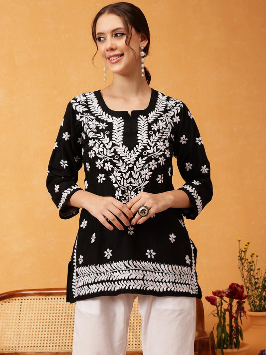 Artisanal Charm: LabelChikankari’s Hand-Embroidered Black Muslin Kurti