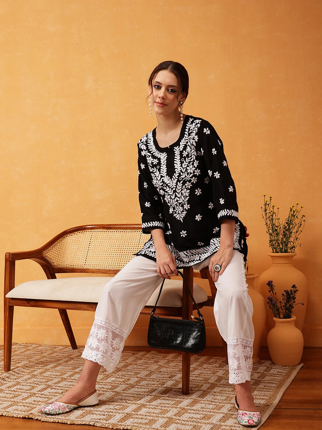 Artisanal Charm: LabelChikankari’s Hand-Embroidered Black Muslin Kurti