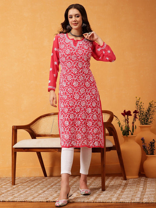 Elegant Hand-Embroidered Faux Georgette Chikankari Kurta Set with Cotton Trousers