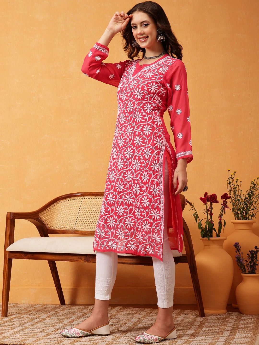 Elegant Hand-Embroidered Faux Georgette Chikankari Kurta Set with Cotton Trousers