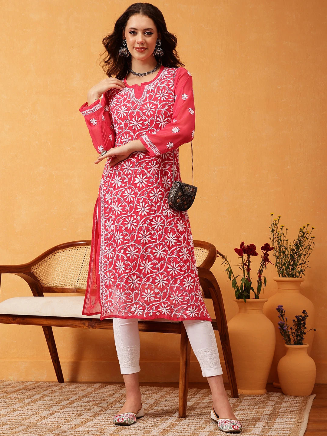 Elegant Hand-Embroidered Faux Georgette Chikankari Kurta Set with Cotton Trousers