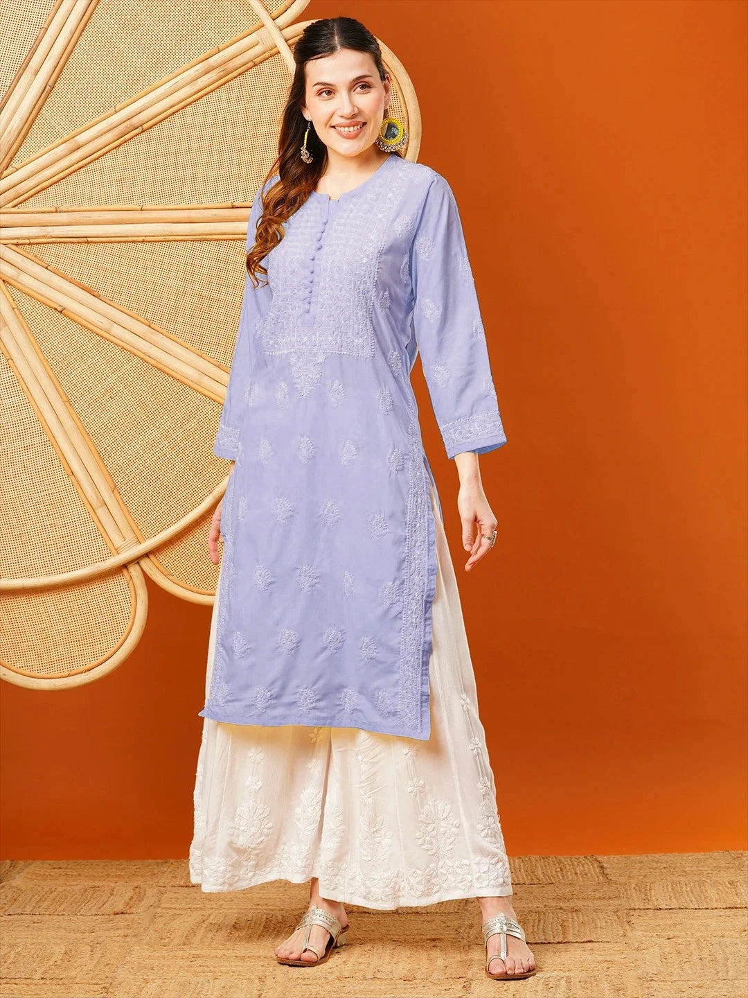 Exquisite Hand-Embroidered Cotton Lucknowi Chikankari Kurta with Palazzo Set