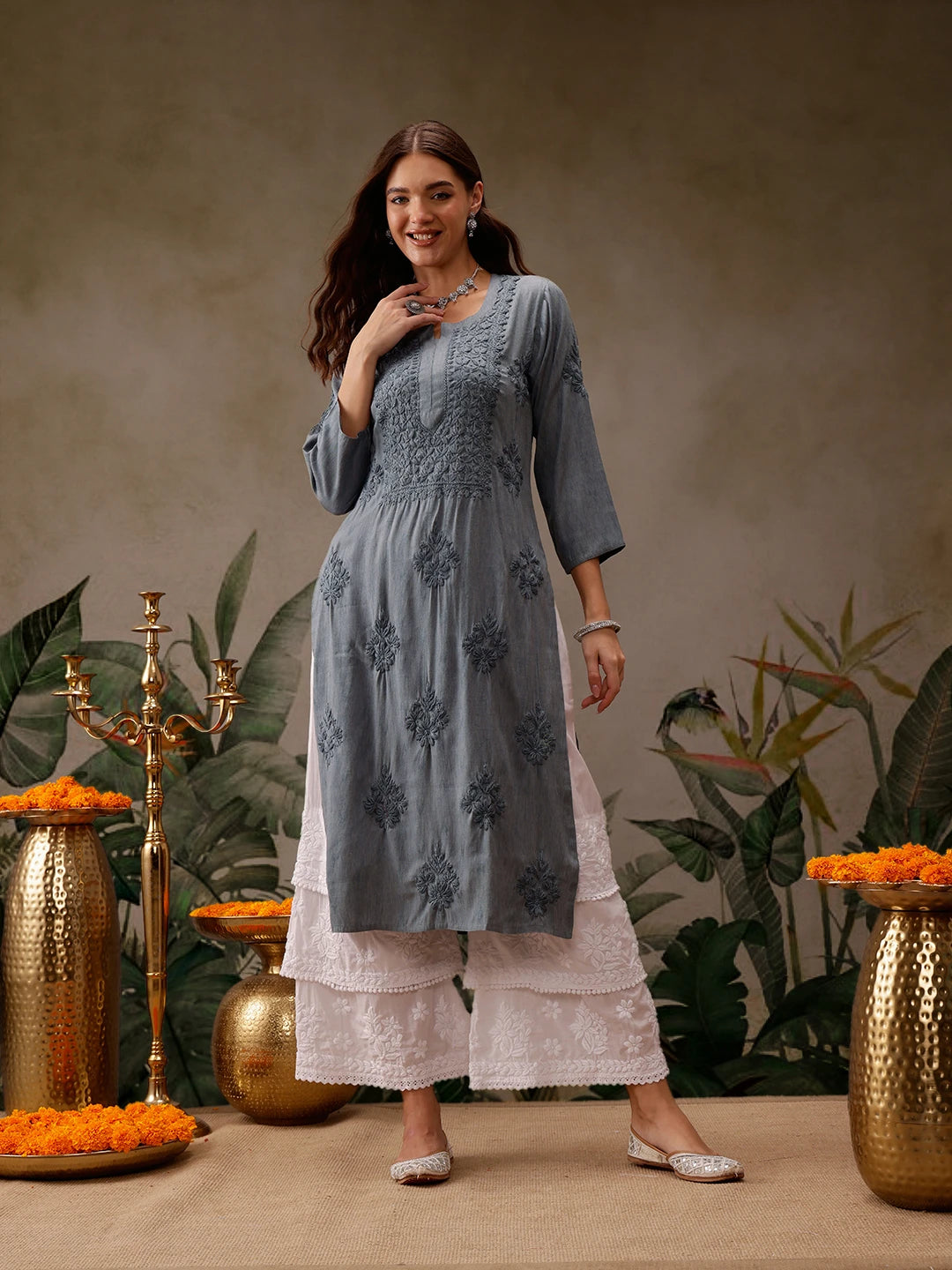 Hand-Embroidered Mustard Cotton Lucknowi Chikankari Straight Kurta with Palazzo