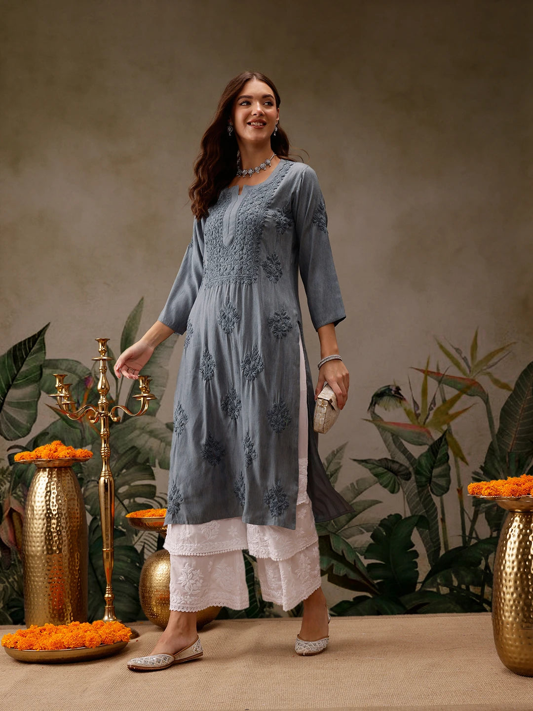 Hand-Embroidered Mustard Cotton Lucknowi Chikankari Straight Kurta with Palazzo