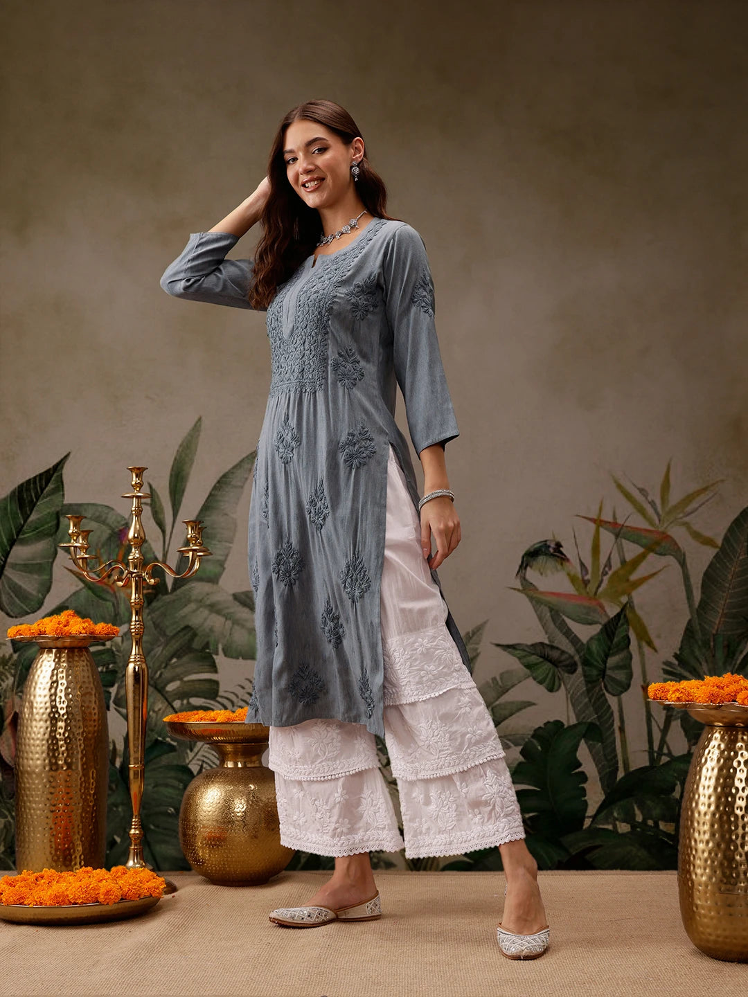 Hand-Embroidered Mustard Cotton Lucknowi Chikankari Straight Kurta with Palazzo