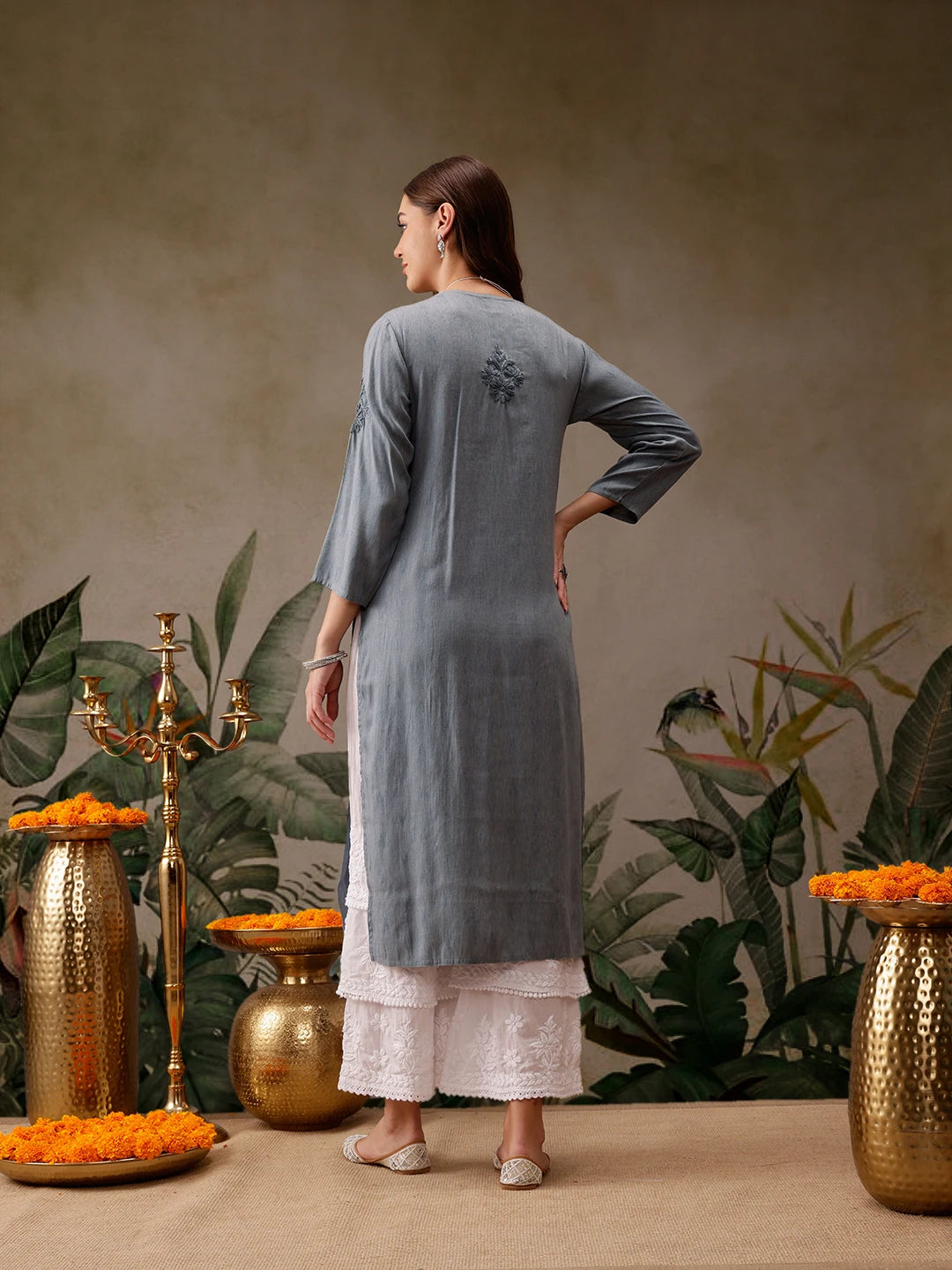 Hand-Embroidered Mustard Cotton Lucknowi Chikankari Straight Kurta with Palazzo