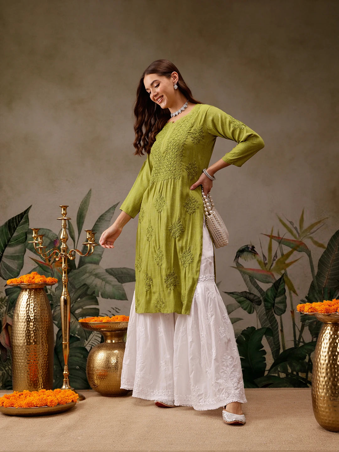 Hand-Embroidered Mustard Cotton Lucknowi Chikankari Straight Kurta with Palazzo