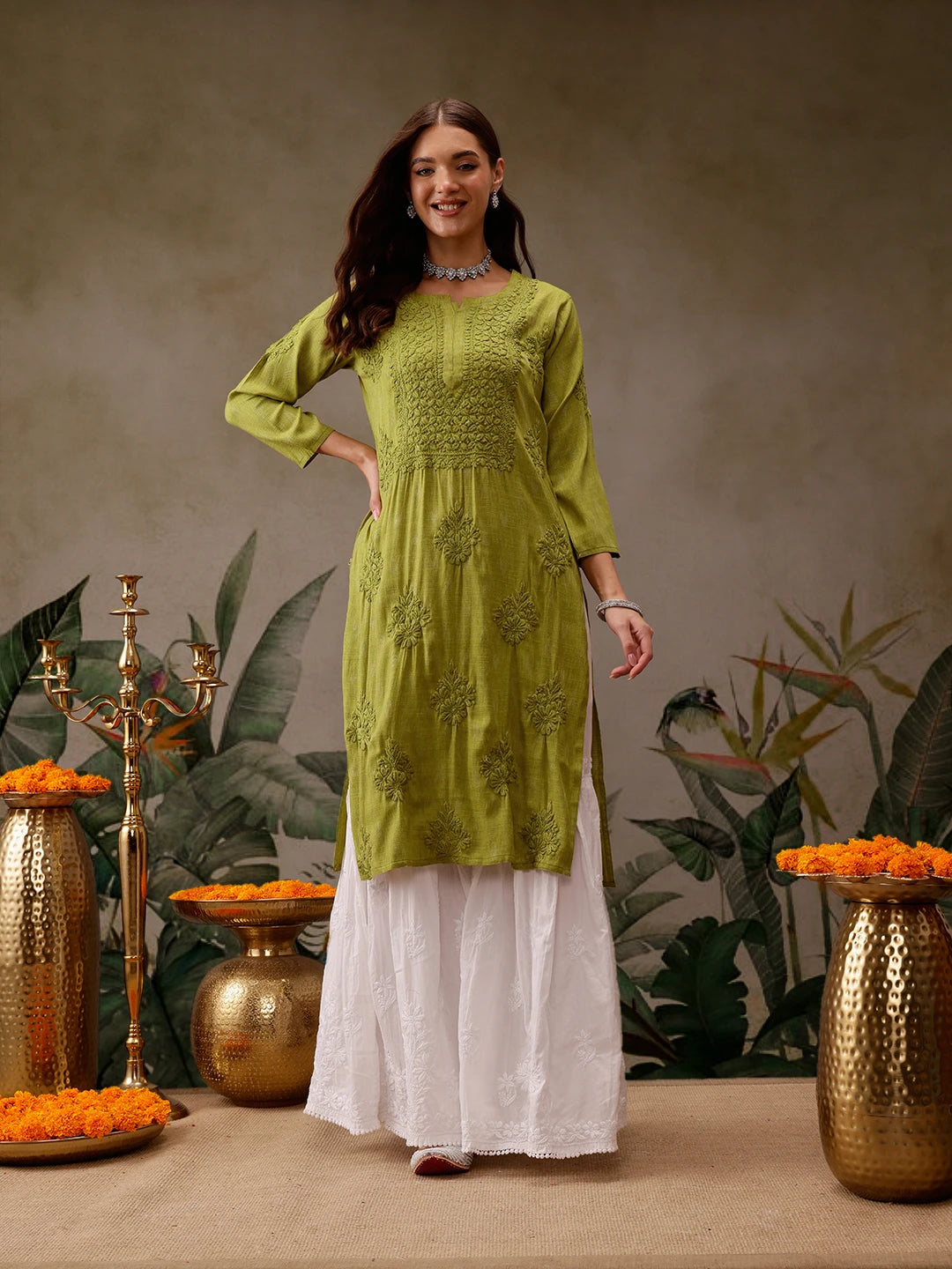 Hand-Embroidered Mustard Cotton Lucknowi Chikankari Straight Kurta with Palazzo