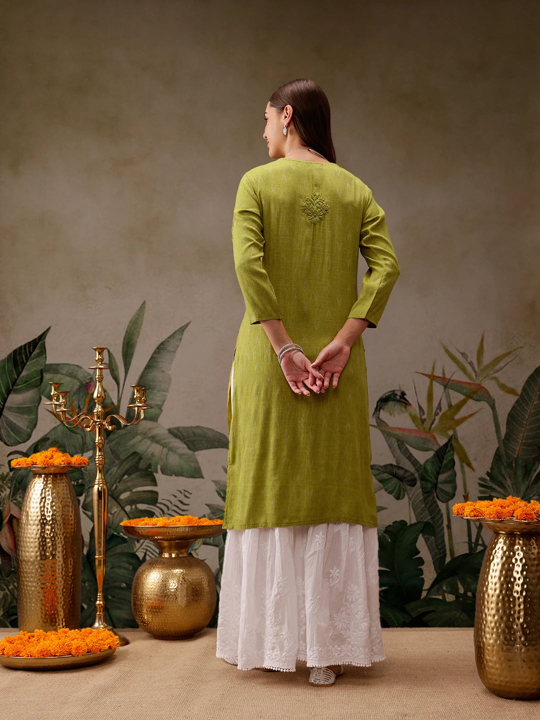 Hand-Embroidered Mustard Cotton Lucknowi Chikankari Straight Kurta with Palazzo