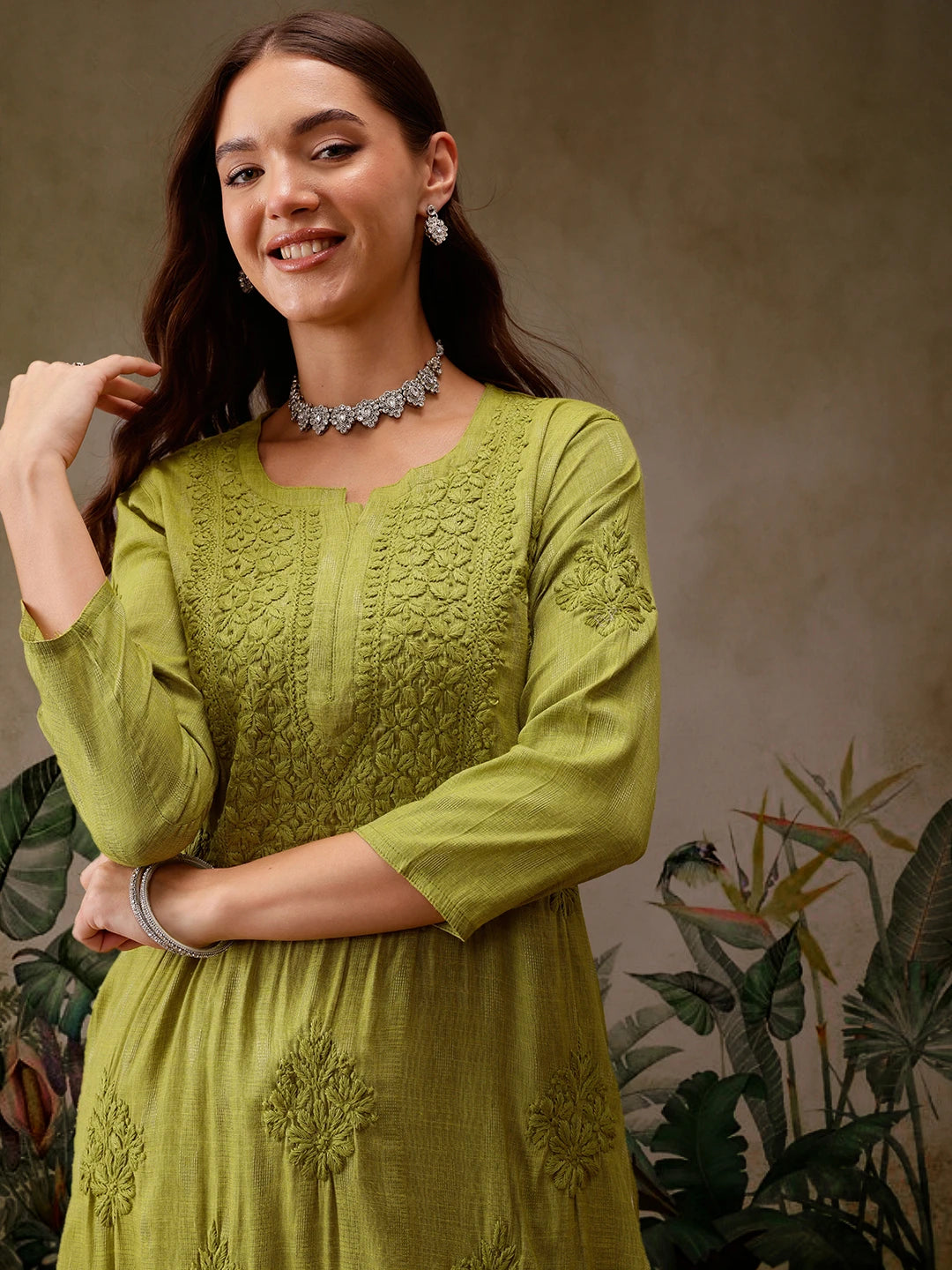 Hand-Embroidered Mustard Cotton Lucknowi Chikankari Straight Kurta with Palazzo