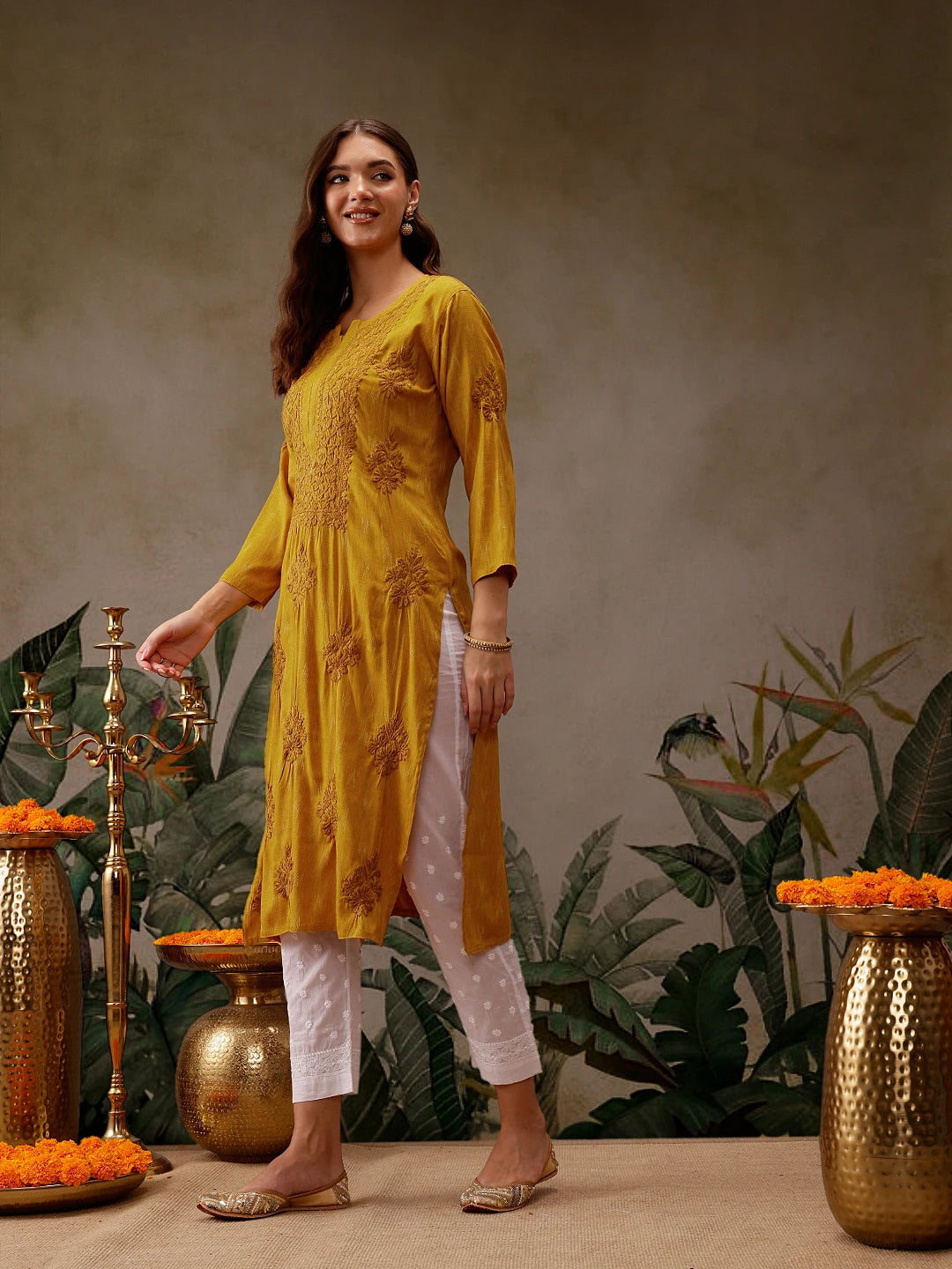 Hand-Embroidered Mustard Cotton Lucknowi Chikankari Straight Kurta with Palazzo