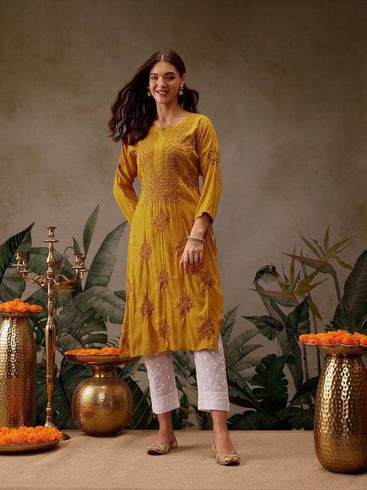 Hand-Embroidered Mustard Cotton Lucknowi Chikankari Straight Kurta with Palazzo