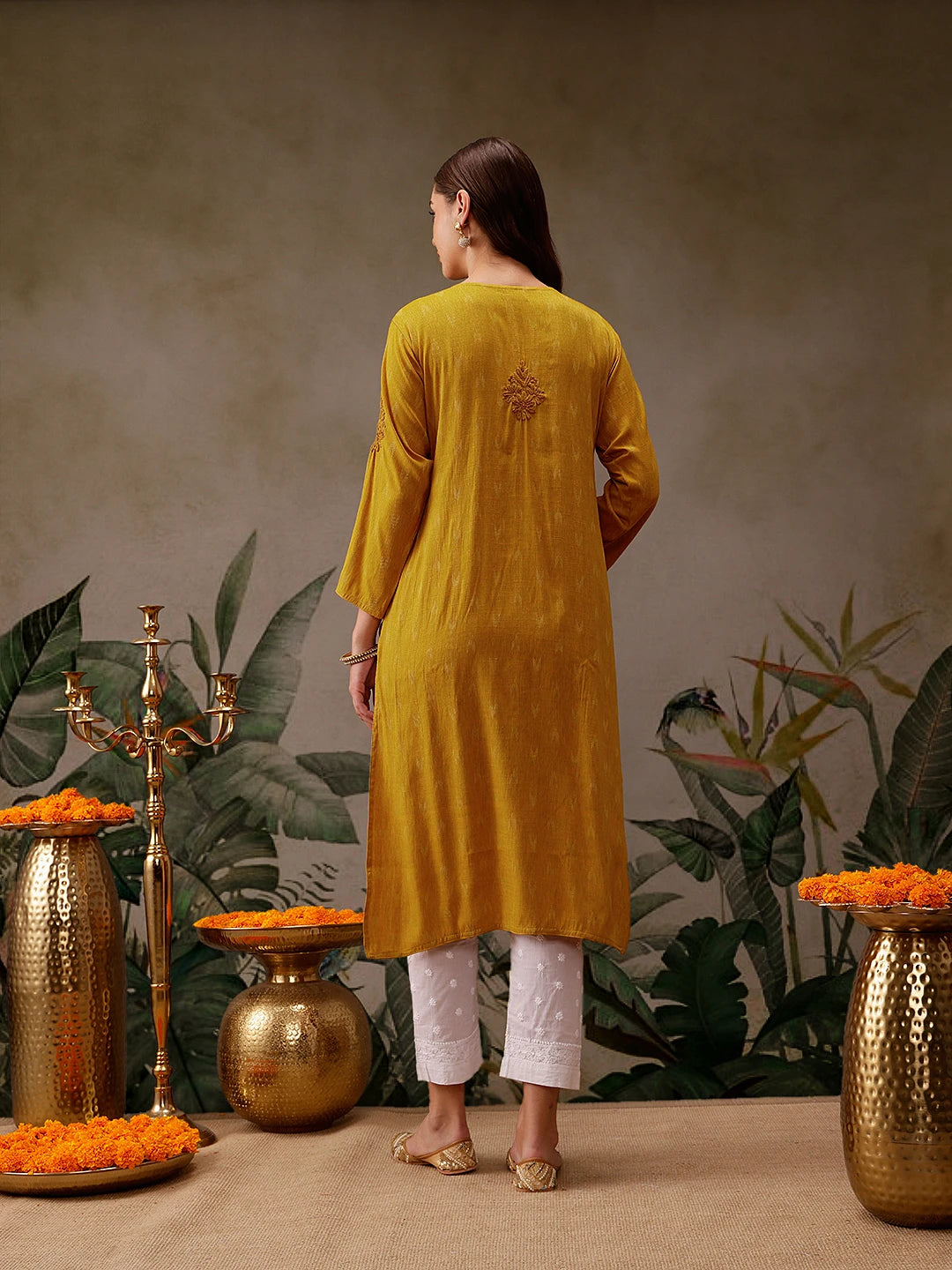 Hand-Embroidered Mustard Cotton Lucknowi Chikankari Straight Kurta with Palazzo