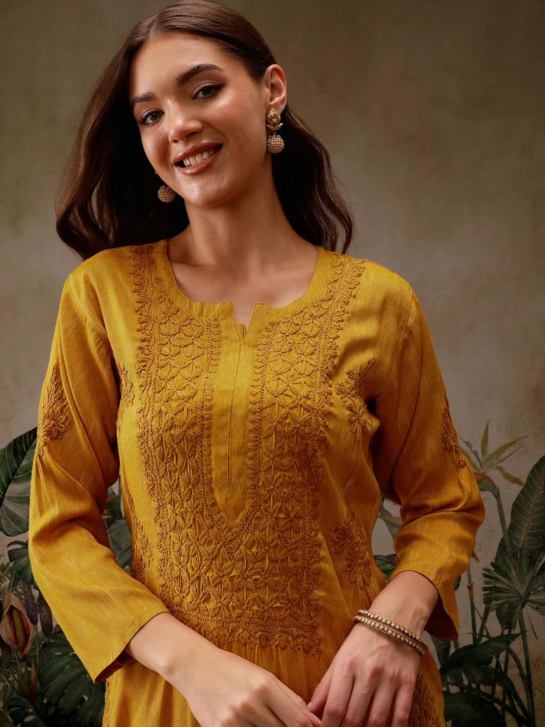 Hand-Embroidered Mustard Cotton Lucknowi Chikankari Straight Kurta with Palazzo