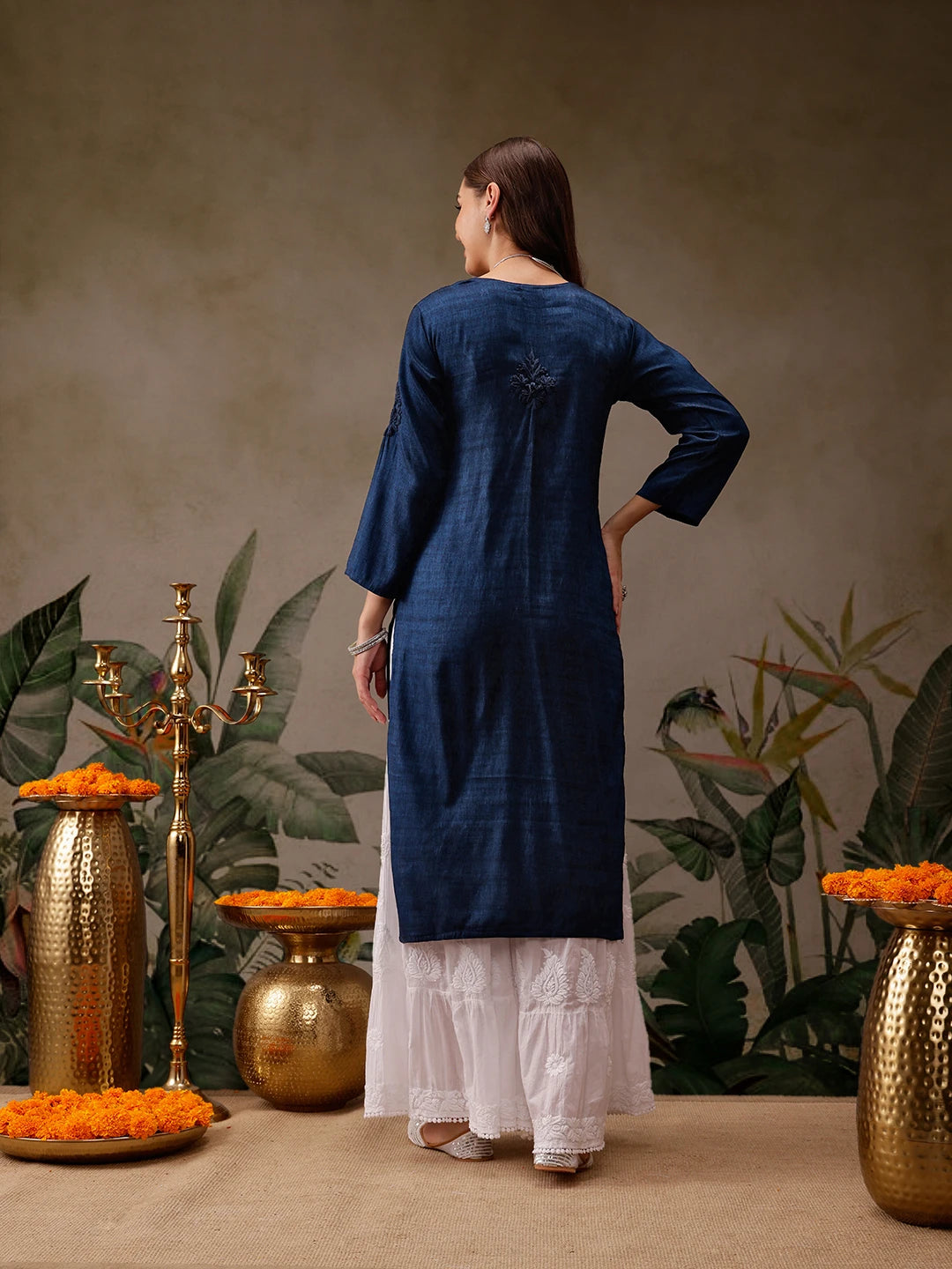 Hand-Embroidered Mustard Cotton Lucknowi Chikankari Straight Kurta with Palazzo