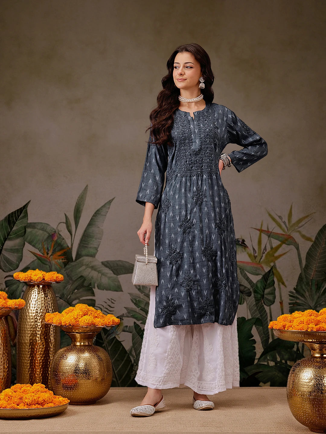 Hand-Embroidered Mustard Cotton Lucknowi Chikankari Straight Kurta with Palazzo