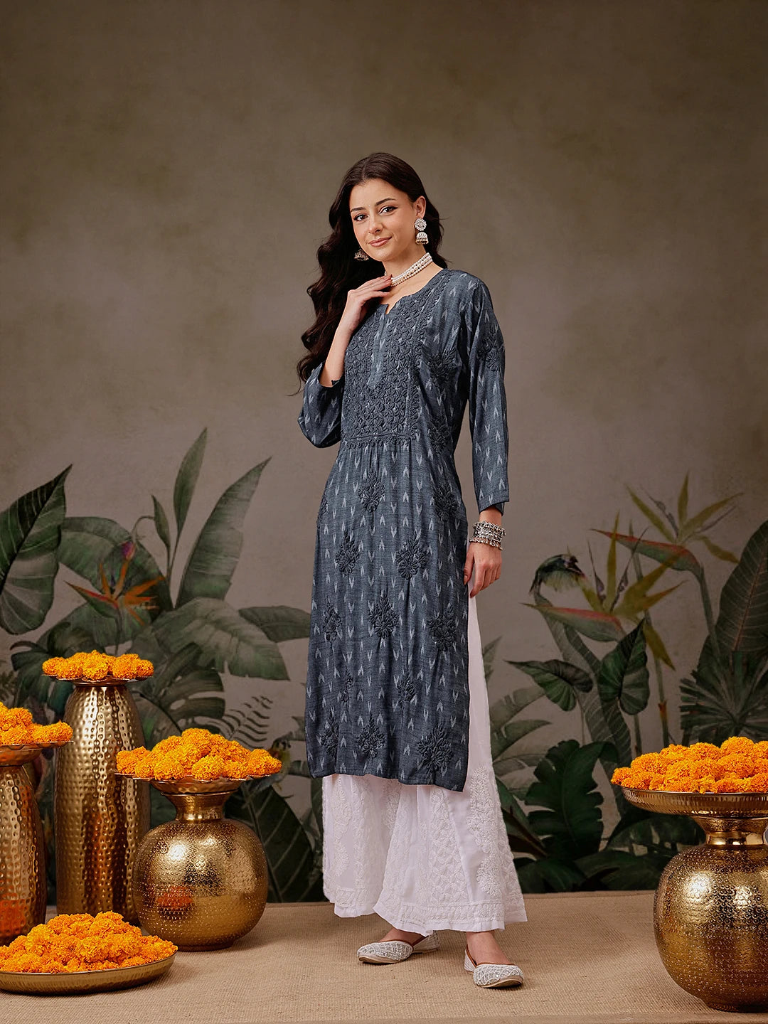 Hand-Embroidered Mustard Cotton Lucknowi Chikankari Straight Kurta with Palazzo