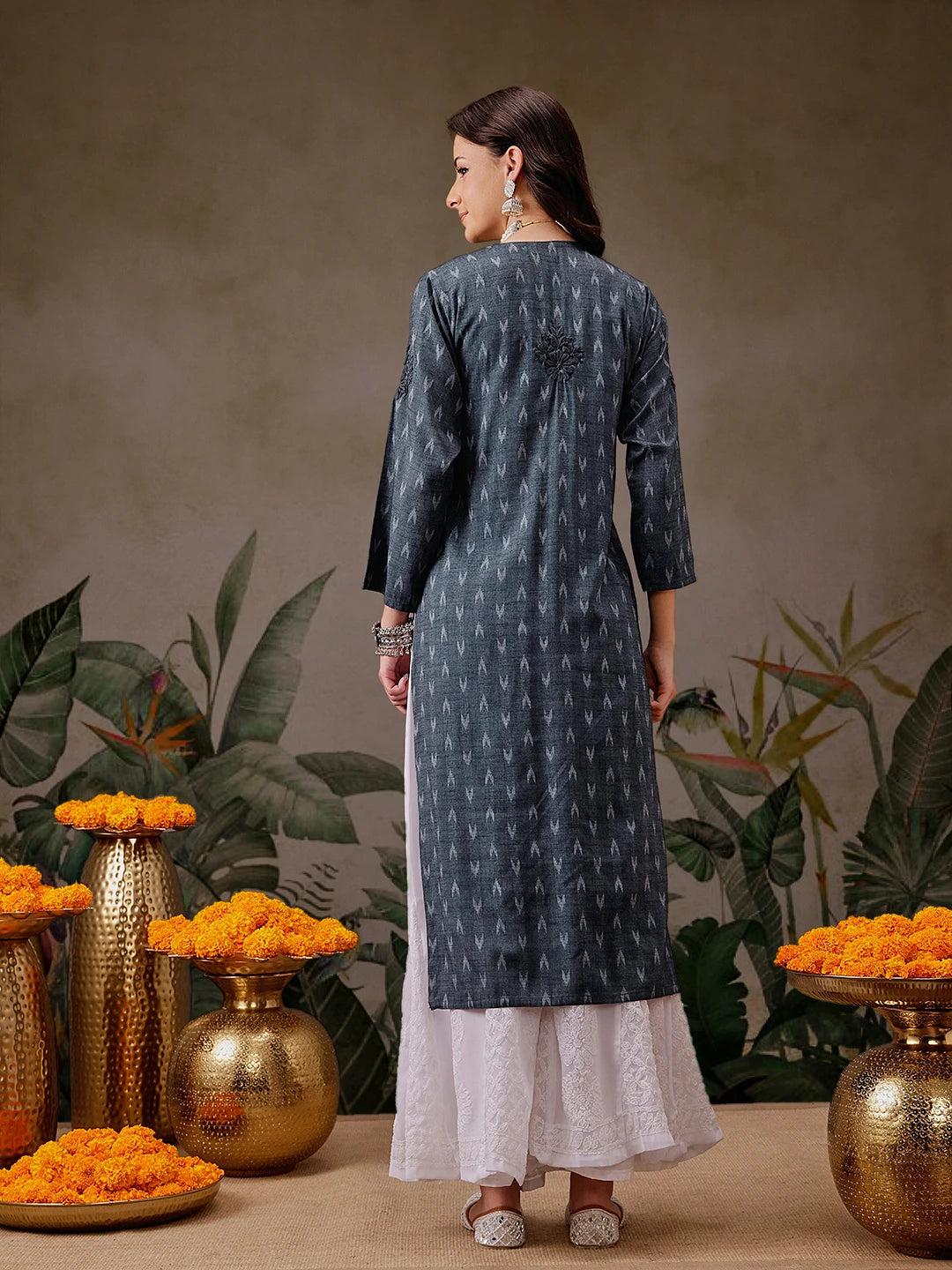 Hand-Embroidered Mustard Cotton Lucknowi Chikankari Straight Kurta with Palazzo