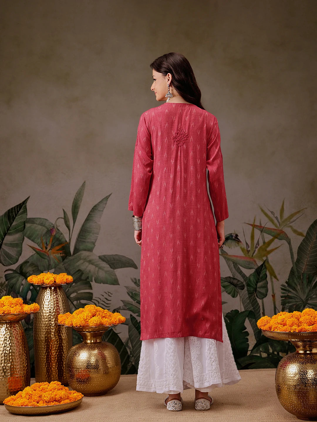 Hand-Embroidered Mustard Cotton Lucknowi Chikankari Straight Kurta with Palazzo