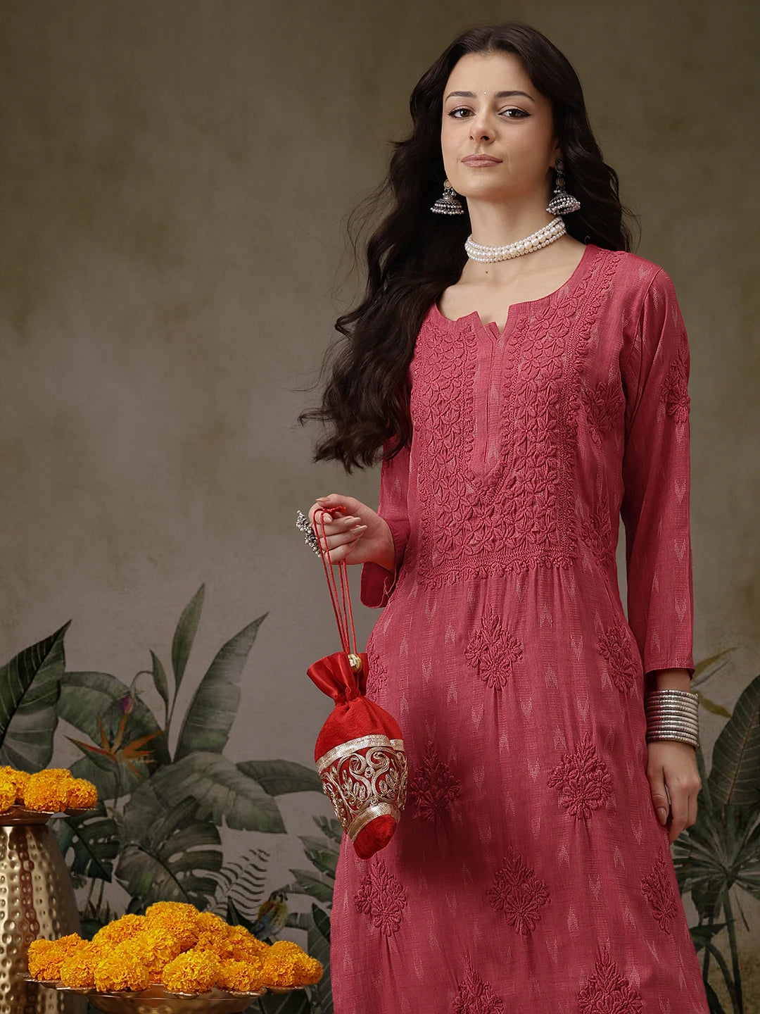 Hand-Embroidered Mustard Cotton Lucknowi Chikankari Straight Kurta with Palazzo