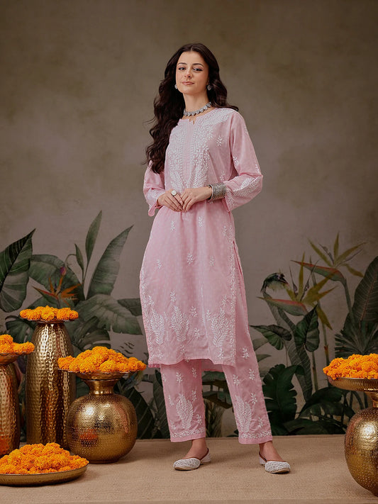 Charming Pink Hand-Embroidered Chikankari Set with Stylish Ankle-Length Pants