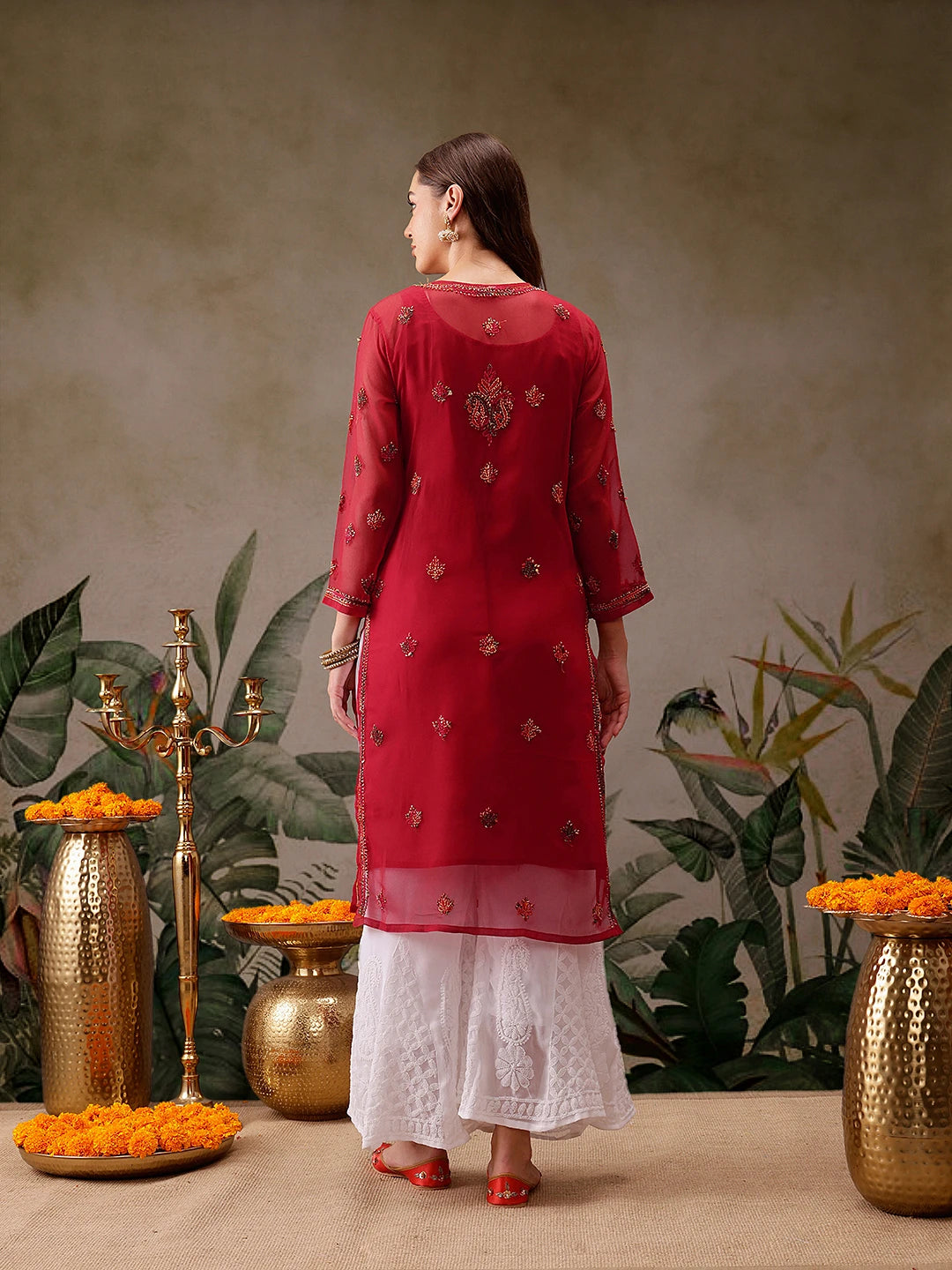 Timeless Handcrafted Chikankari Faux Georgette Kurta and Cotton Trouser Set