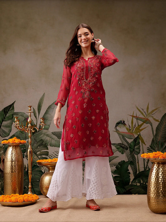 Timeless Handcrafted Chikankari Faux Georgette Kurta and Cotton Trouser Set