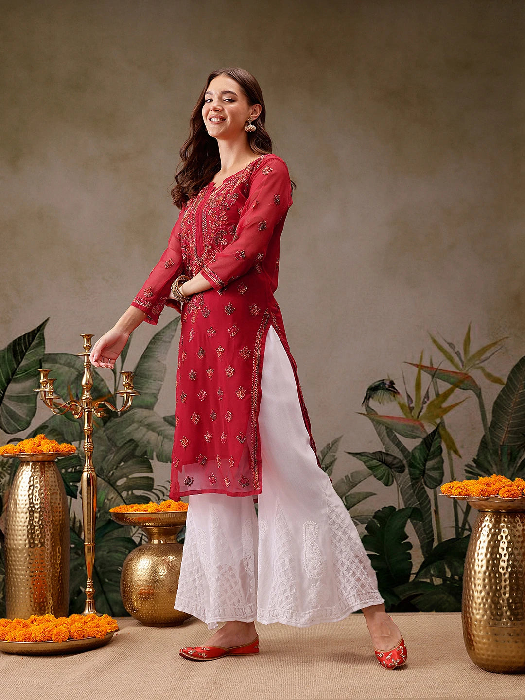 Timeless Handcrafted Chikankari Faux Georgette Kurta and Cotton Trouser Set