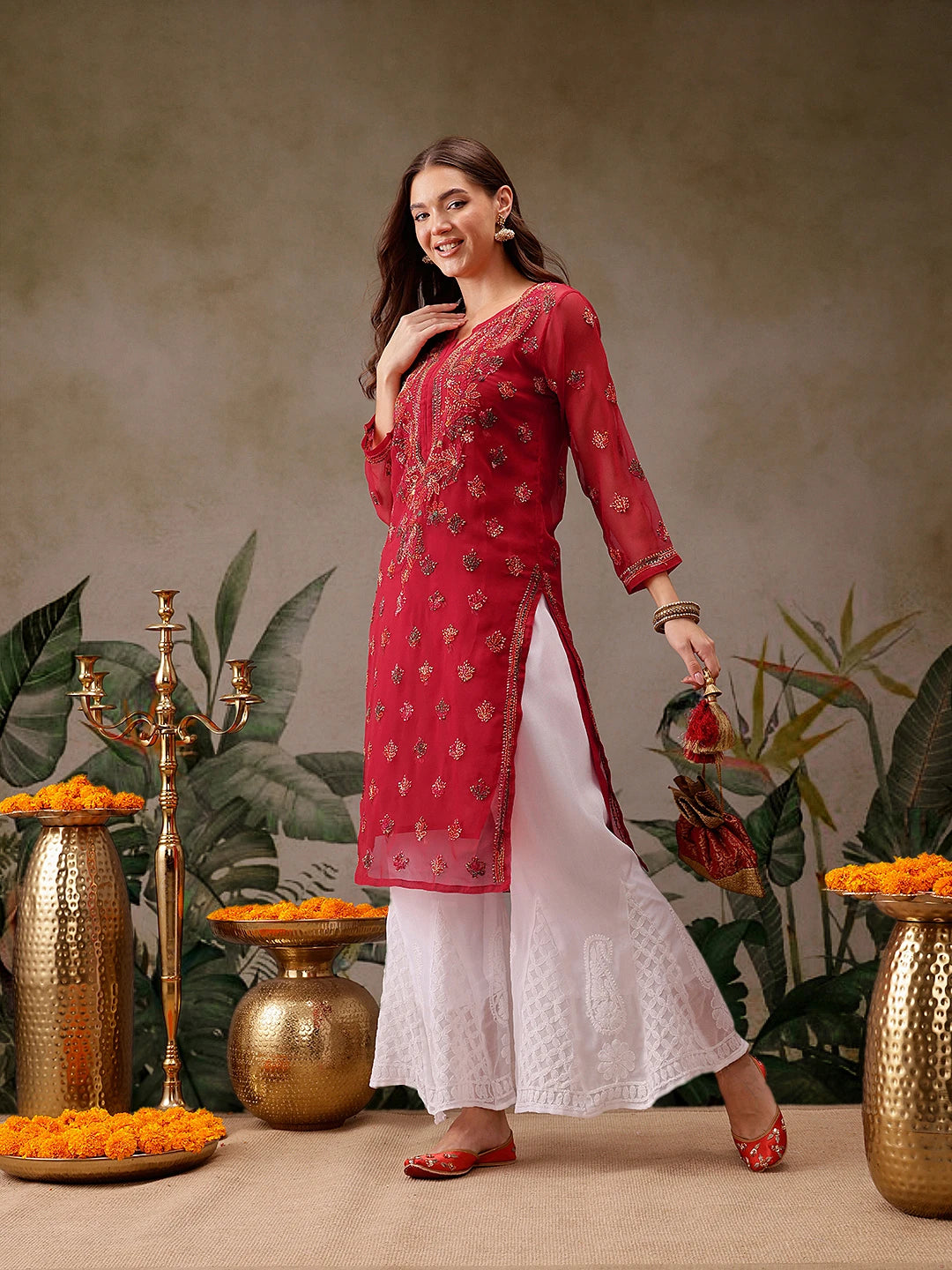 Timeless Handcrafted Chikankari Faux Georgette Kurta and Cotton Trouser Set