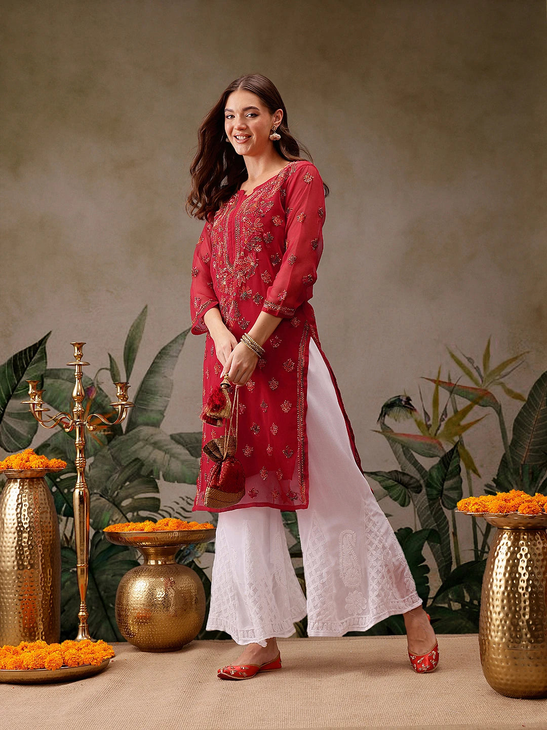 Timeless Handcrafted Chikankari Faux Georgette Kurta and Cotton Trouser Set