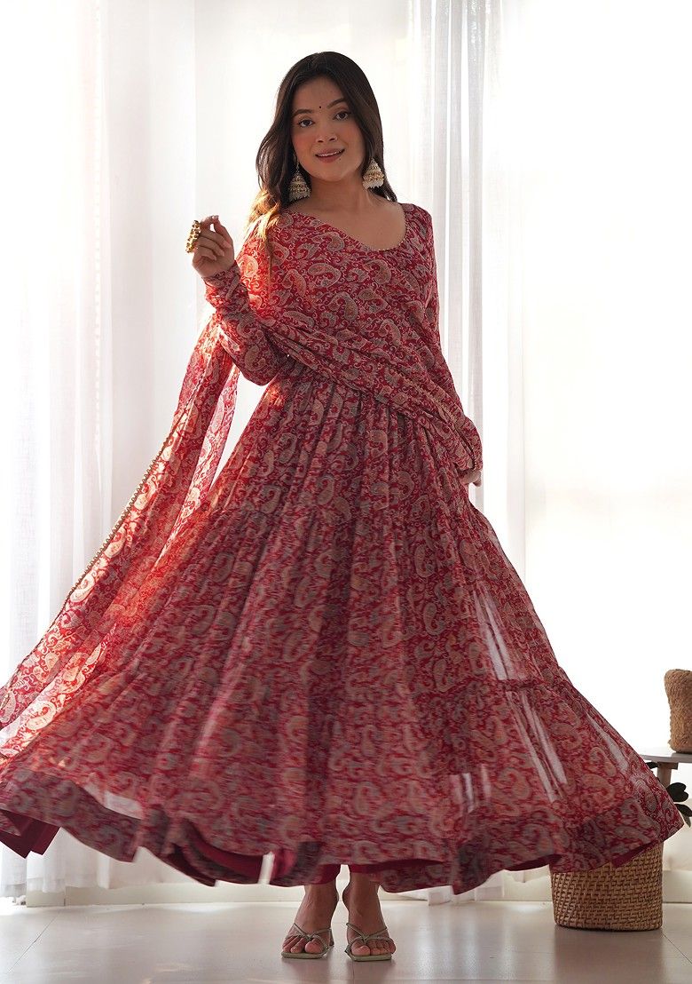 Elegant Red Faux Georgette Anarkali Set