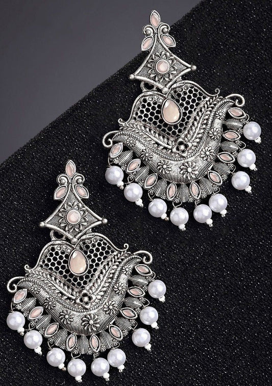 Peach-Coloured Silver-Plated Drop Earrings – Elegant & Versatile