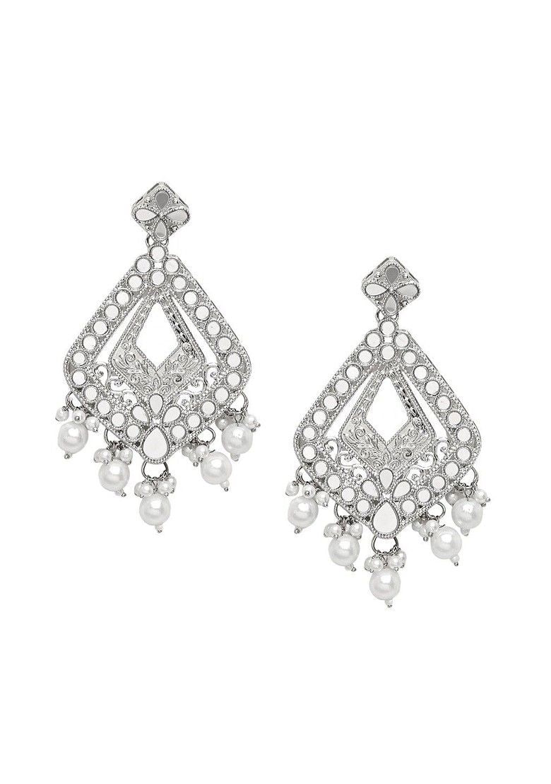 "LabelChikankari Silver Plated White Oxidised Geometric Drop Earrings"