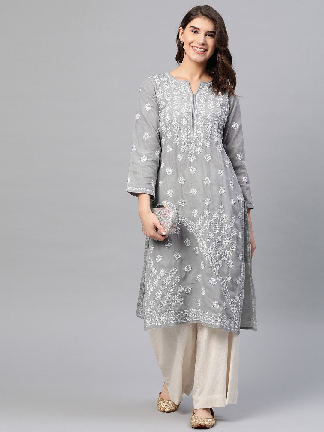 Handcrafted Lucknowi Chikankari Kurta with Ulti Bakhiya and Ghaspatti