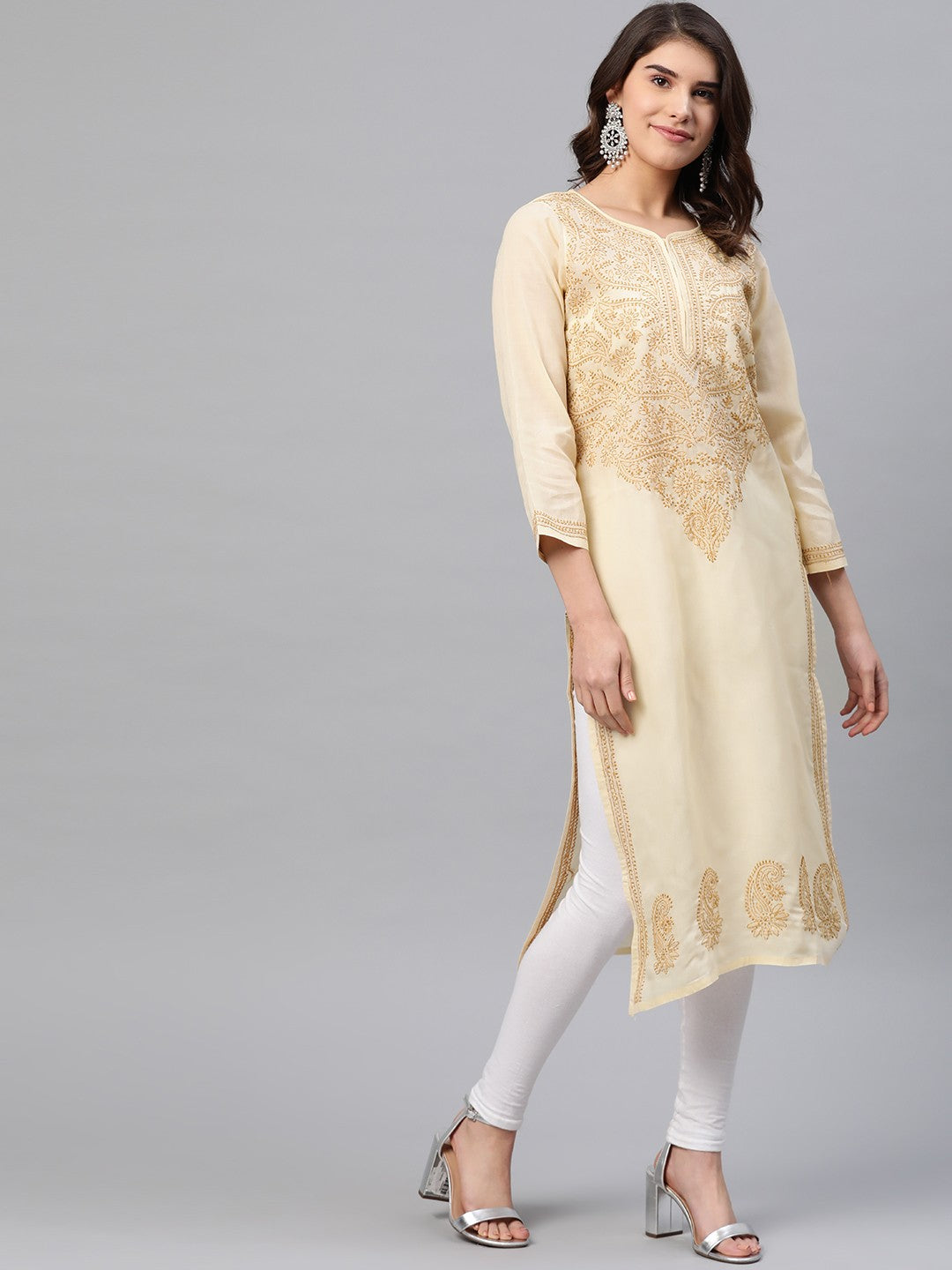 Elegant Fawn Cotton Chikankari Straight Kurta with Hand Embroidery