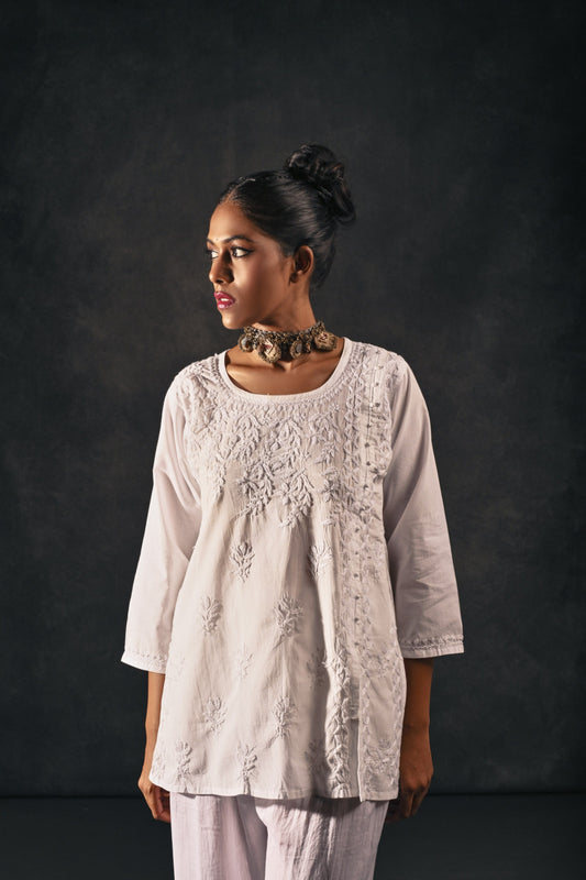 White Straight Short Kurta with Side Front Slit & Modal Palazzo - Intricate Hand Embroidery