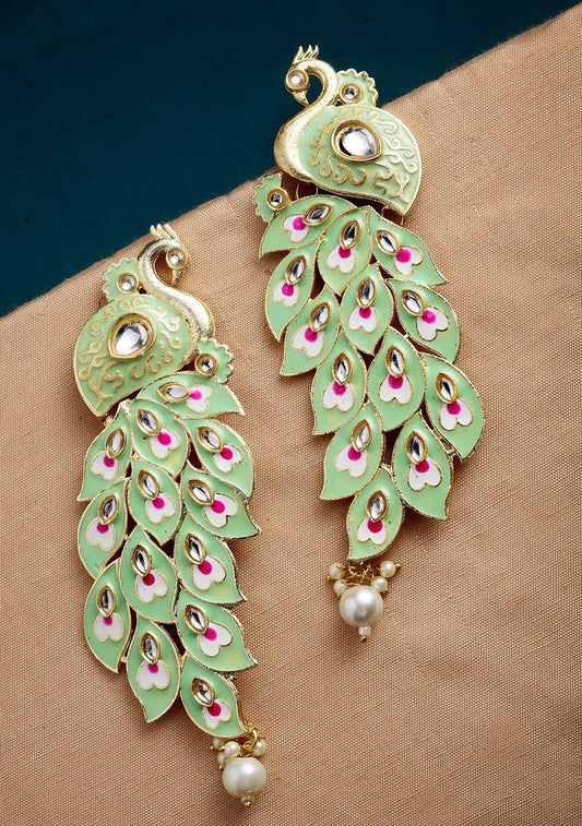 Peacock Motif Earrings in Gold Plating with Colorful Kundan Accents