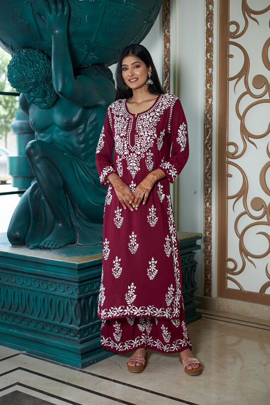 LabelChikankari’s Maroon Persian Knot Co-ord Set: A Fusion of Tradition and Comfort