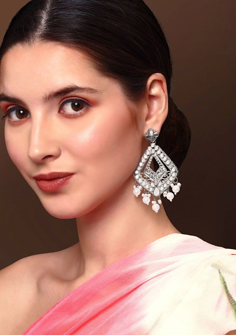 "LabelChikankari Silver Plated White Oxidised Geometric Drop Earrings"